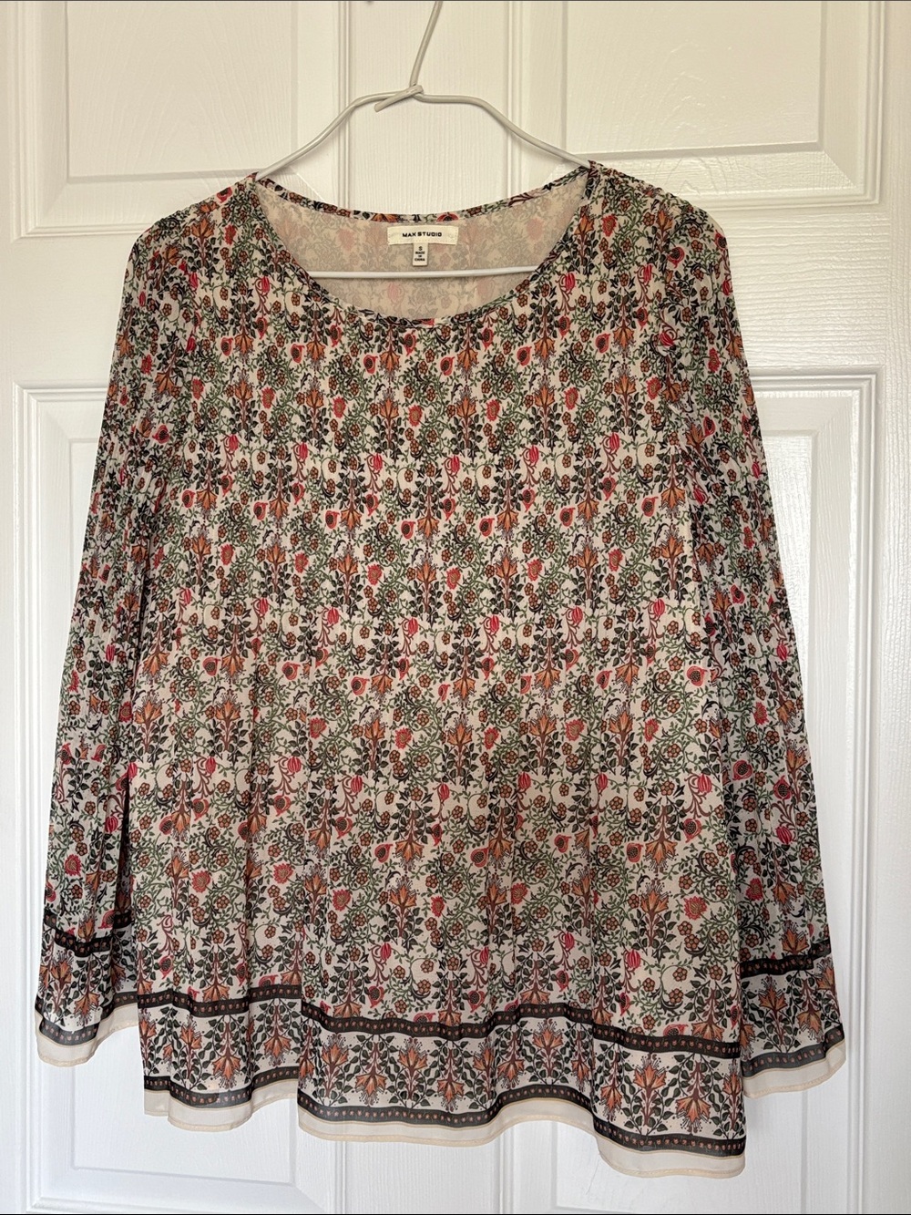 Max Studio Cream Floral Long-Sleeve Scoop Neck Tunic with Peach & Green Print